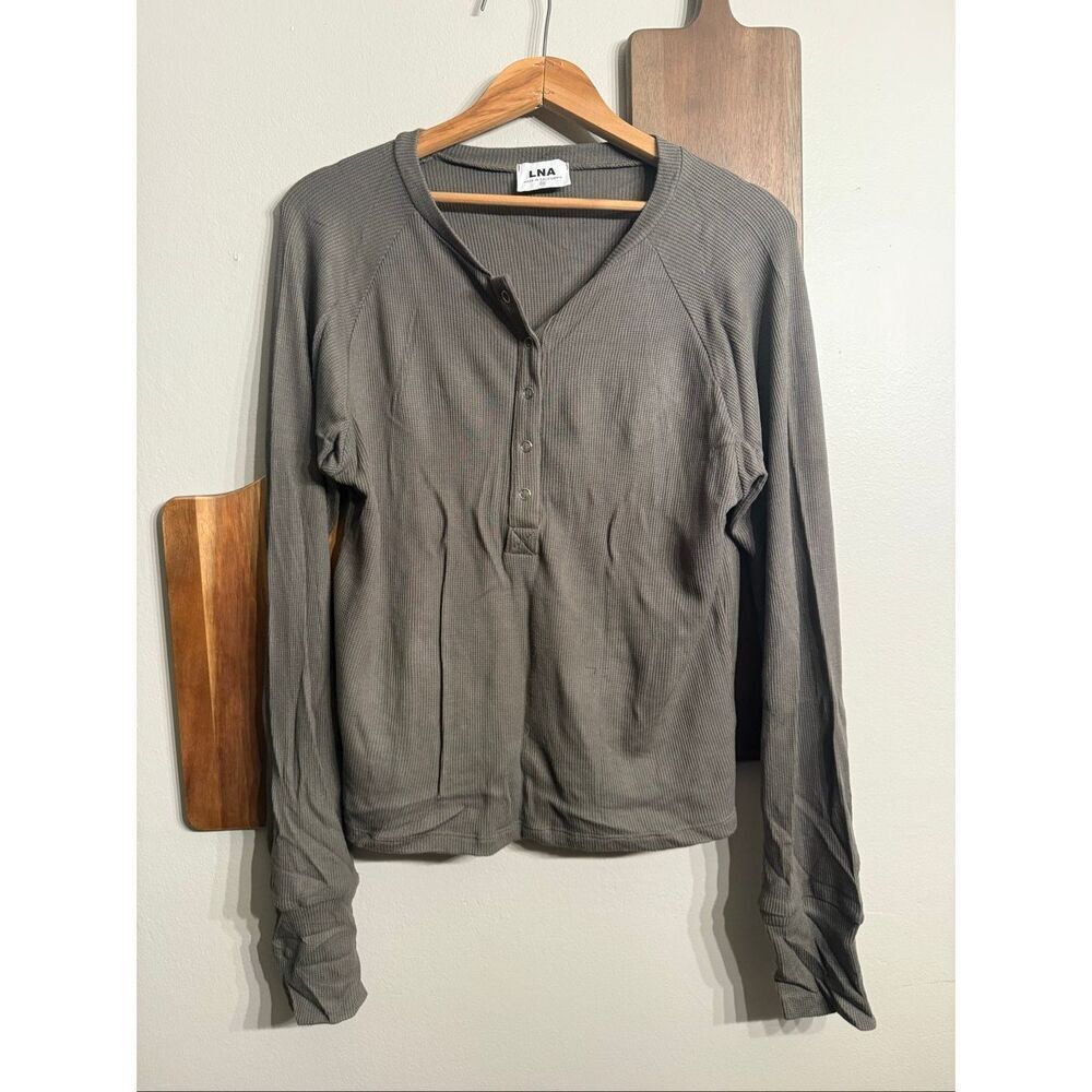 LNA Gray Waffle Knit Oversized Raglan Long Sleeve Henley‎ Sweater Extra Small